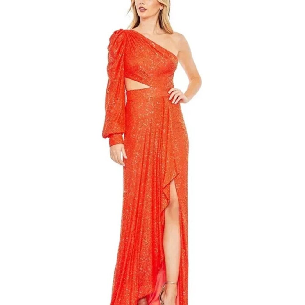 New Women's Mac Duggal Ieena Sequin One Shoulder Cut Out Gown Sequin Orange 12